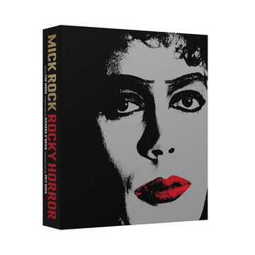 A cover of the book 'ROCKY HORROR: A BEHIND THE SCENES LOOK AT THE CULT CLASSIC' featuring a black and white photograph of a person with red lips, with the title text added.